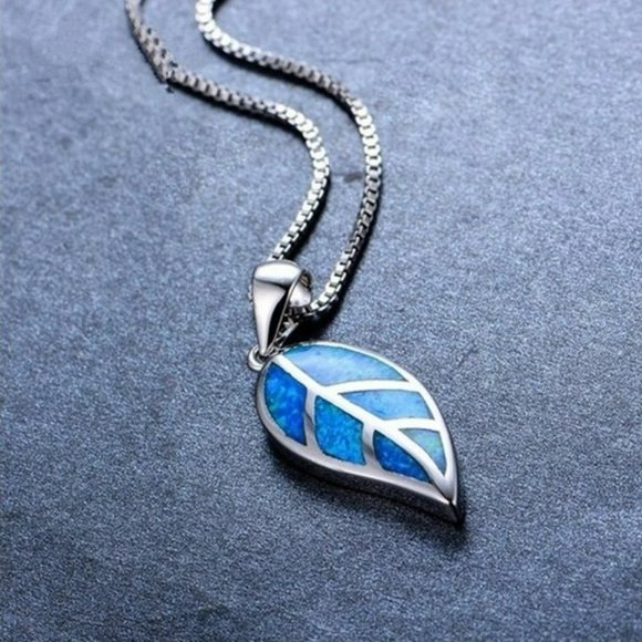 Blue Opal Leaf Silver Necklace & Chain - Picture 2 of 6
